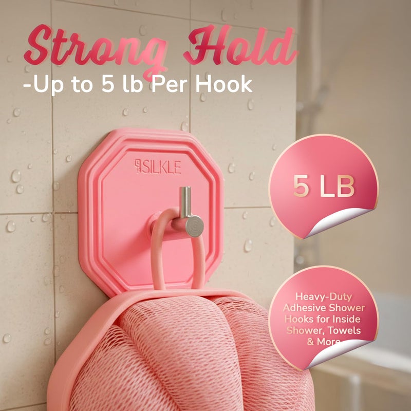 SILKLE Adhesive Silicone Shower Hooks - Adhesive Wall Hooks & Towel Holder for Bathroom, Tile, Glass, No-Drill, Waterproof & Rustproof, Heavy-Duty Stainless Steel, Damage-Free Removal - 2 Pack, Pink - Image 3