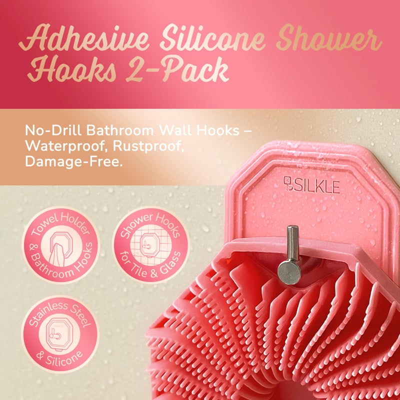 SILKLE Adhesive Silicone Shower Hooks - Adhesive Wall Hooks & Towel Holder for Bathroom, Tile, Glass, No-Drill, Waterproof & Rustproof, Heavy-Duty Stainless Steel, Damage-Free Removal - 2 Pack, Pink - Image 2