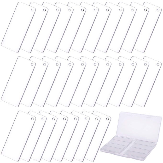 30 PIECES ACRYLIC ORNAMENT BLANK RECTANGLE ACRYLIC BLANKS3 X 7CM CLEAR ACRYLIC ORNAMENTS WITH HOLE ACRYLIC KEYCHAIN BLANKS WITH PLASTIC STORAGE BOX