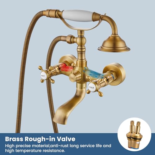 Airuida Wall Mount Bathtub Faucet with Telephone Handheld Sprayer, Double Hot and Cold Mixer, Cross Handles,Vintage Victorian Style Tub Filler Set Antique Brass - Image 4
