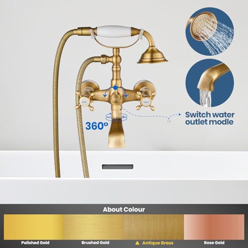 Airuida Wall Mount Bathtub Faucet with Telephone Handheld Sprayer, Double Hot and Cold Mixer, Cross Handles,Vintage Victorian Style Tub Filler Set Antique Brass - Image 2