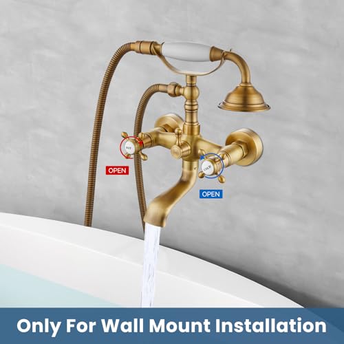 Airuida Wall Mount Bathtub Faucet with Telephone Handheld Sprayer, Double Hot and Cold Mixer, Cross Handles,Vintage Victorian Style Tub Filler Set Antique Brass - Image 3