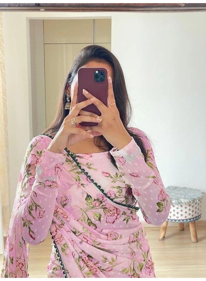 Sidhidata ساري جورجيت جاهز للارتداء من سيدهيداتا للنساء، يُخاط في دقيقة واحدة، مع قطعة بلوزة غير مخيطة. - Image 3