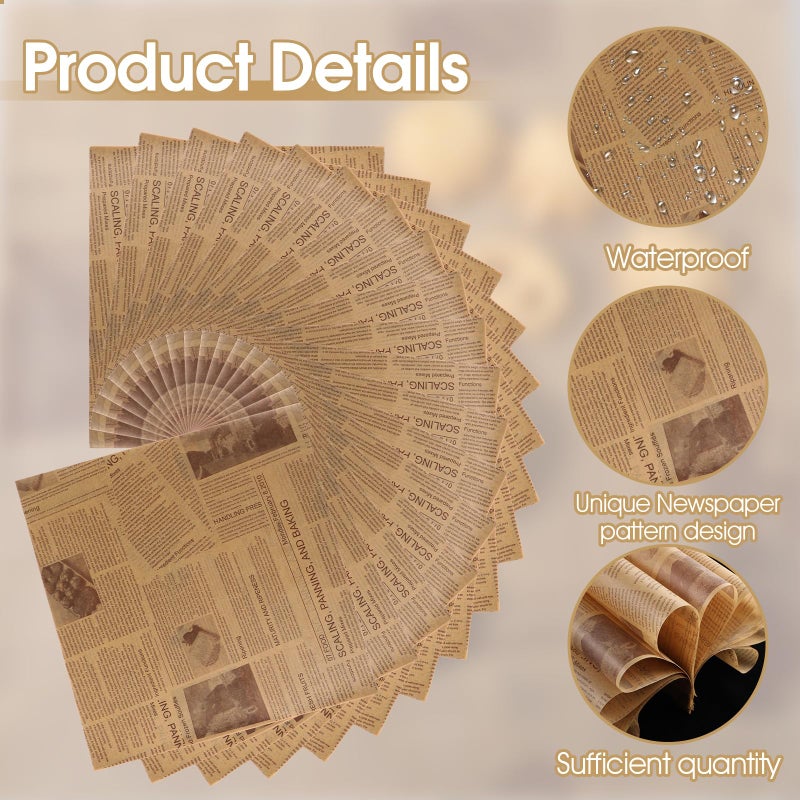 Lemecima 500 Pcs 12 x 12 Inch Deli Wax Paper Sheets Grease Resistant Tray Basket Liners Newsprint Paper Water and Grease Proof Sandwich Wrapping Papers Square Hot Dog Wrappers for Food Baking (Brown) - Image 3