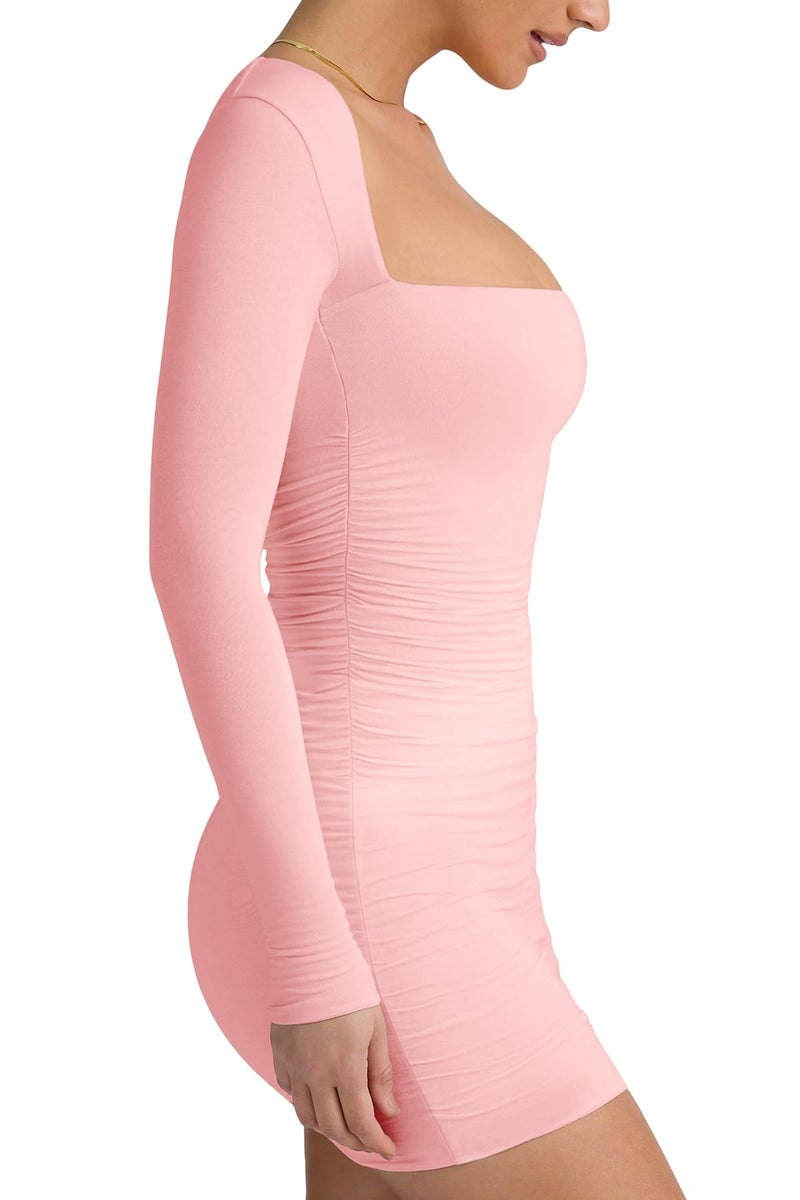 LCNBA Women's Long Sleeve Square Neck Ruched Bodycon Mini Dress Pink Medium - Image 2