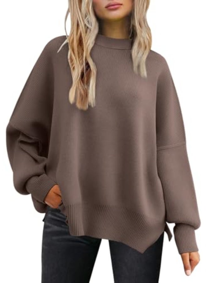 NIBEMINENT Women's Oversized Batwing Sweaters 2025 Fall Outfits Trendy Crewneck Knit Side Slit Fashion Pullover Tops - Image 1