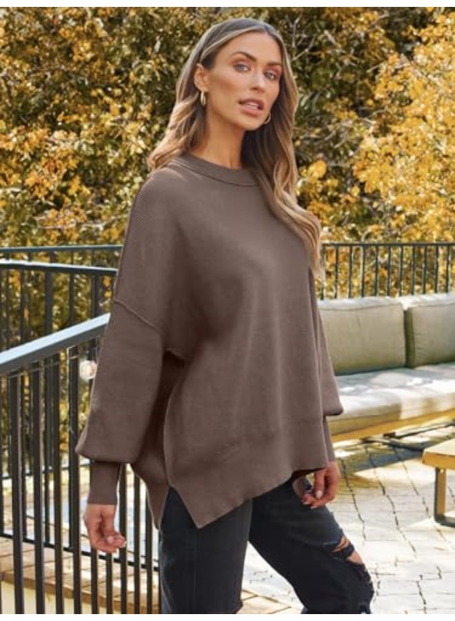 NIBEMINENT Women's Oversized Batwing Sweaters 2025 Fall Outfits Trendy Crewneck Knit Side Slit Fashion Pullover Tops - Image 5