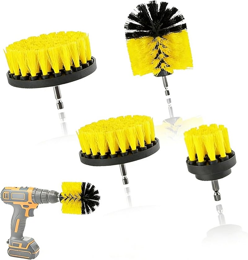Sweet seven Powerful Drill Brush Set - 4 Pack Scrubbing Brushes for Car, Carpet, Floor, Bathroom, Toilet, Tub, Kitchen - Yellow, 4 Pieces（Drill bit not included）