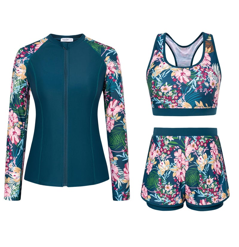 JASAMBAC Women's UPF 50+ Rash Guard Long Sleeve 3 Piece Zip Up Swimsuit UV/Sun Protection Swim Shirts Built in Bra Floral Athletic Swim Wear Pink Flower L - Image 1