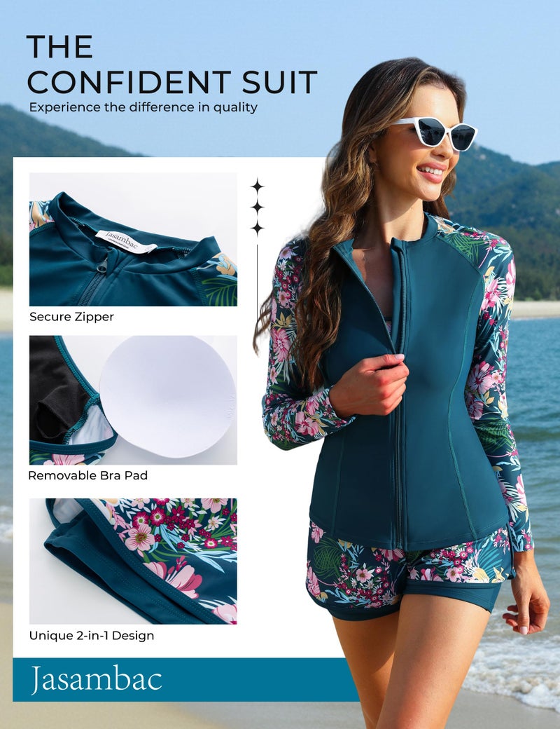 JASAMBAC Women's UPF 50+ Rash Guard Long Sleeve 3 Piece Zip Up Swimsuit UV/Sun Protection Swim Shirts Built in Bra Floral Athletic Swim Wear Pink Flower L - Image 4