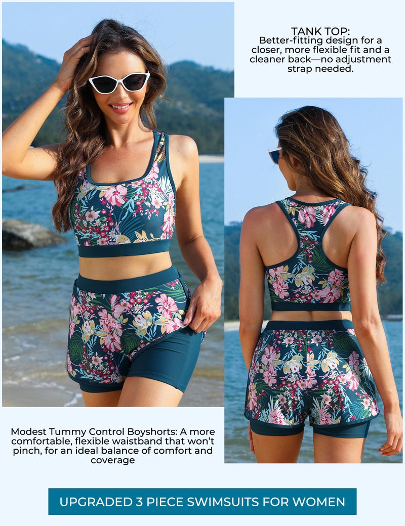 JASAMBAC Women's UPF 50+ Rash Guard Long Sleeve 3 Piece Zip Up Swimsuit UV/Sun Protection Swim Shirts Built in Bra Floral Athletic Swim Wear Pink Flower L - Image 3