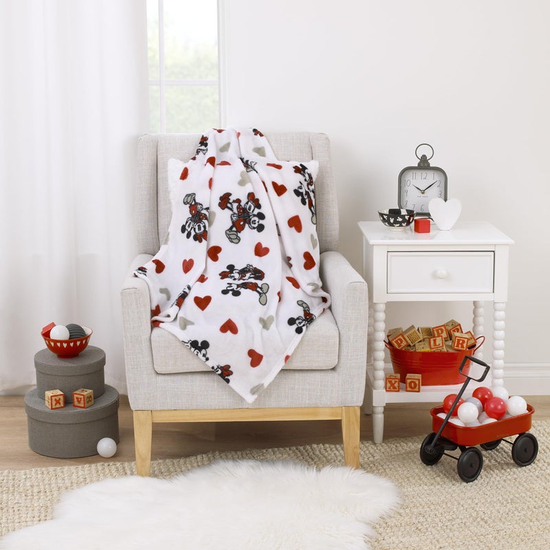 NoJo Disney Mickey Mouse & Minnie Mouse Red, Gray, and White Valentine Hearts Super Soft Plush Baby Blanket - Image 4