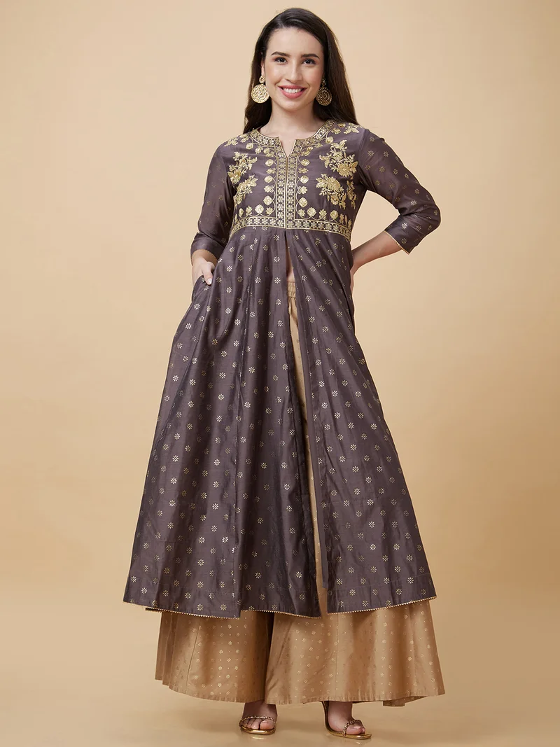 globus Women Floral Embroidered Foil Printed Round Neck A-Line Kurta