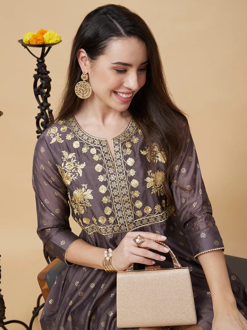 globus Women Floral Embroidered Foil Printed Round Neck A-Line Kurta