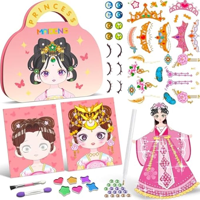 ART CRAFT ACTIVITY FOR KIDS, 3 IN 1 MAKE UP ON PAPER DIY GIRLS TOYS AND PAPER CRAFT KIT WITH DIAMOND PAINTING & PRINCESS DRESS UP SET, IDEAL BIRTHDAY GIFT FOR GIRLS AGES 4 5 6 7 8 9+ YEAR OLD - Image 1