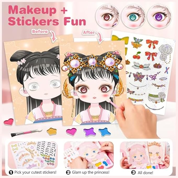 ART CRAFT ACTIVITY FOR KIDS, 3 IN 1 MAKE UP ON PAPER DIY GIRLS TOYS AND PAPER CRAFT KIT WITH DIAMOND PAINTING & PRINCESS DRESS UP SET, IDEAL BIRTHDAY GIFT FOR GIRLS AGES 4 5 6 7 8 9+ YEAR OLD - Image 3
