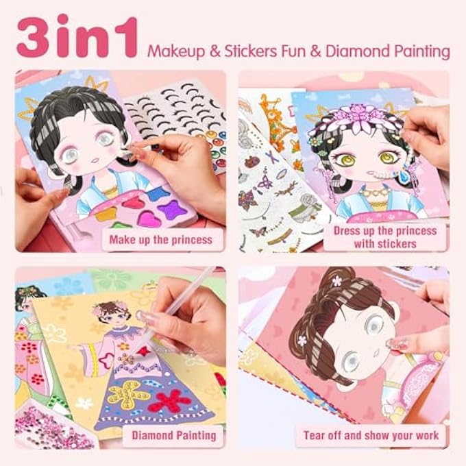 ART CRAFT ACTIVITY FOR KIDS, 3 IN 1 MAKE UP ON PAPER DIY GIRLS TOYS AND PAPER CRAFT KIT WITH DIAMOND PAINTING & PRINCESS DRESS UP SET, IDEAL BIRTHDAY GIFT FOR GIRLS AGES 4 5 6 7 8 9+ YEAR OLD - Image 2