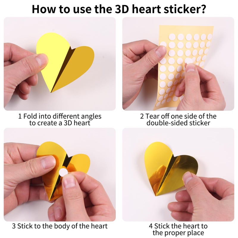 YOTNUS 60 Pcs Gold Heart Stickers Wall Decals  3D Heart Wall Stickers  Waterproof Wall Decals  for Wedding Birthday Party Bedroom Home Office School Decor  4 Different Sizes (Gold) - Image 3