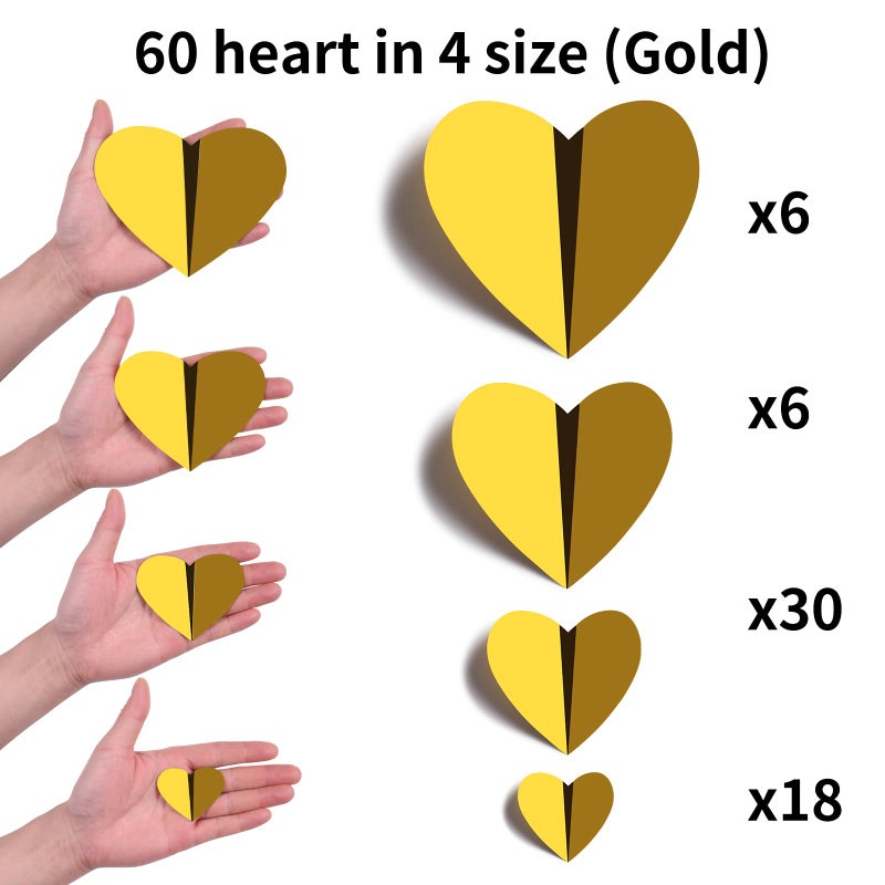YOTNUS 60 Pcs Gold Heart Stickers Wall Decals  3D Heart Wall Stickers  Waterproof Wall Decals  for Wedding Birthday Party Bedroom Home Office School Decor  4 Different Sizes (Gold) - Image 2
