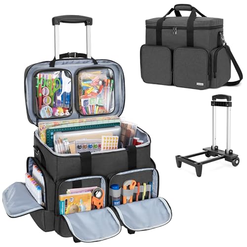 CURMIO Rolling Scrapbook Tote on Wheels, Scrapbook Storage Bag with Detachable Trolley and Bottom Wooden Board, Rolling Craft Bag for Scrapbooking Supplies, Black - Image 1