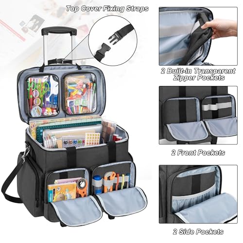 CURMIO Rolling Scrapbook Tote on Wheels, Scrapbook Storage Bag with Detachable Trolley and Bottom Wooden Board, Rolling Craft Bag for Scrapbooking Supplies, Black - Image 3