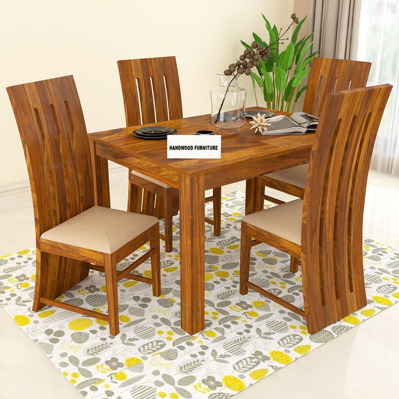 HANDWOOD FURNITURE Premium Sheesham Wood Dining Table 45x30 with 4 Chairs 4 Seater Dining Set Wooden Dining Table with Chair Dining Room Furniture Honey Finish with Cream Cushions