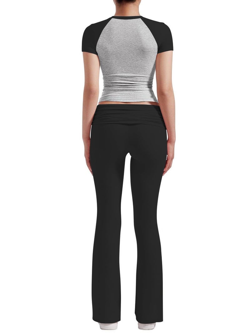 ZFLM Casual Workout Two Piece Outfits for Women Short Sleeve Crop High Waist Foldover Flare Pants Tracksuit Sets Streetwear - Image 2