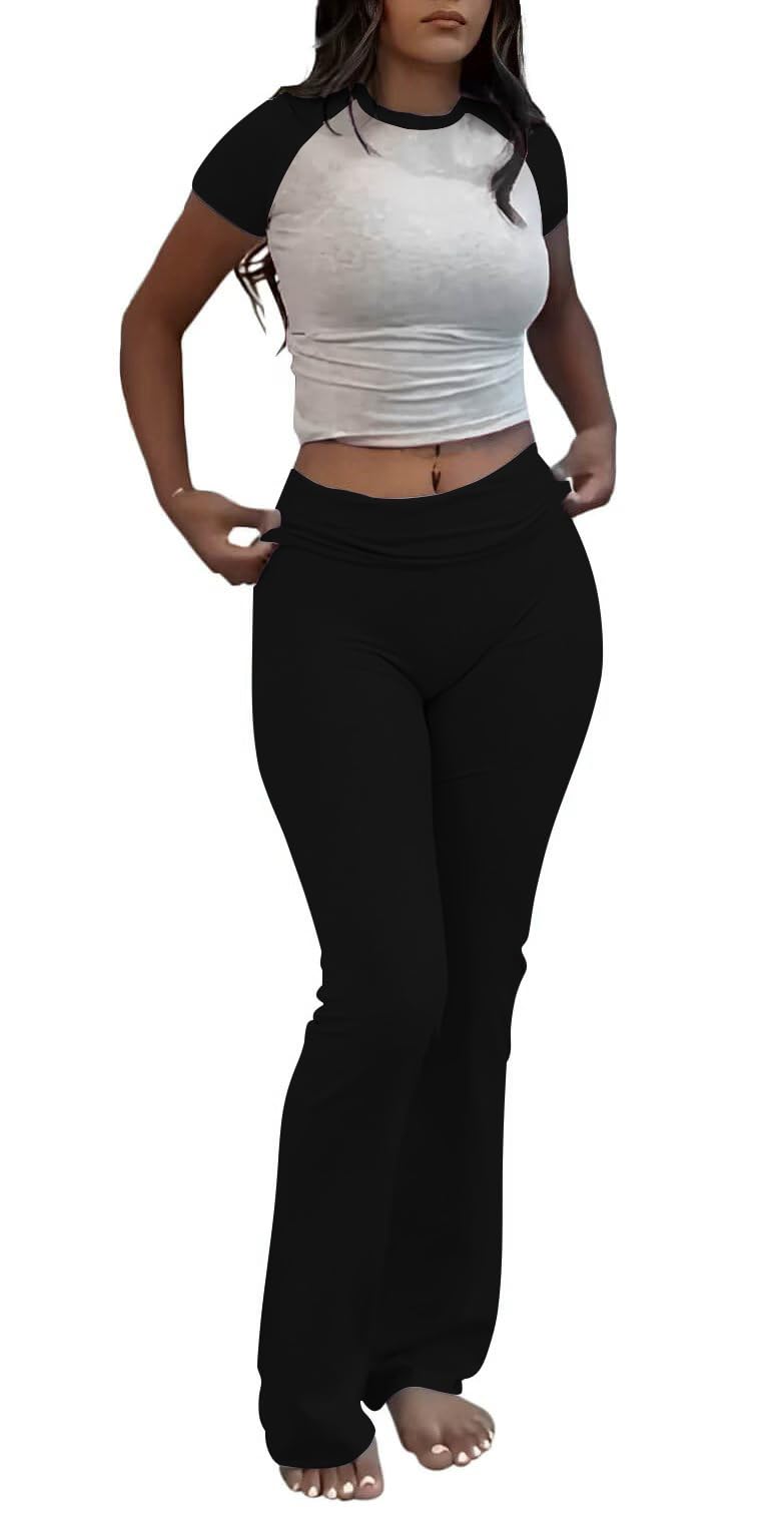 ZFLM Casual Workout Two Piece Outfits for Women Short Sleeve Crop High Waist Foldover Flare Pants Tracksuit Sets Streetwear - Image 1