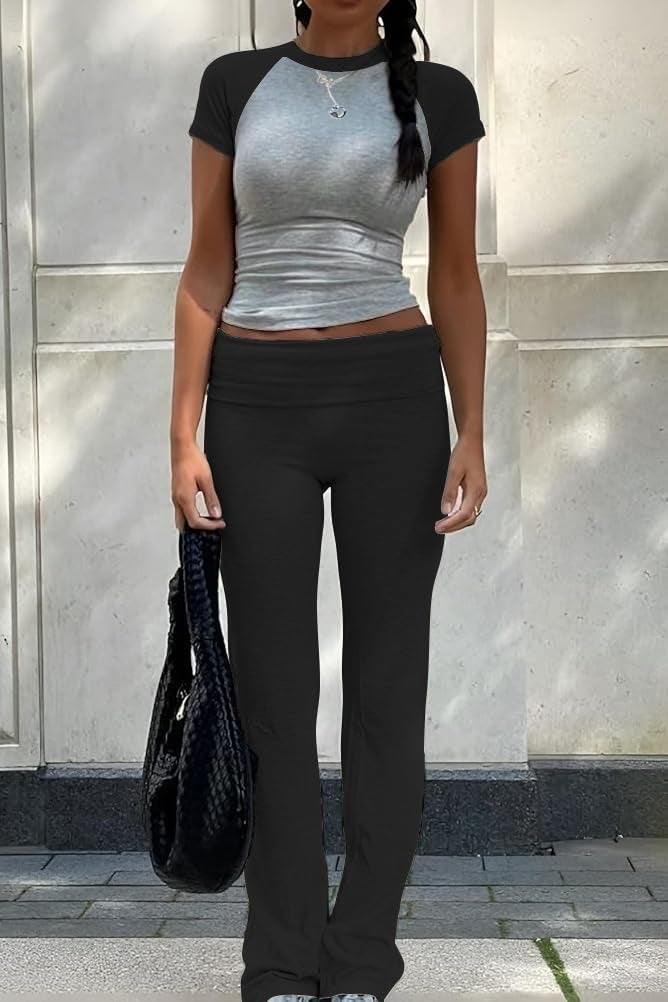 ZFLM Casual Workout Two Piece Outfits for Women Short Sleeve Crop High Waist Foldover Flare Pants Tracksuit Sets Streetwear - Image 3