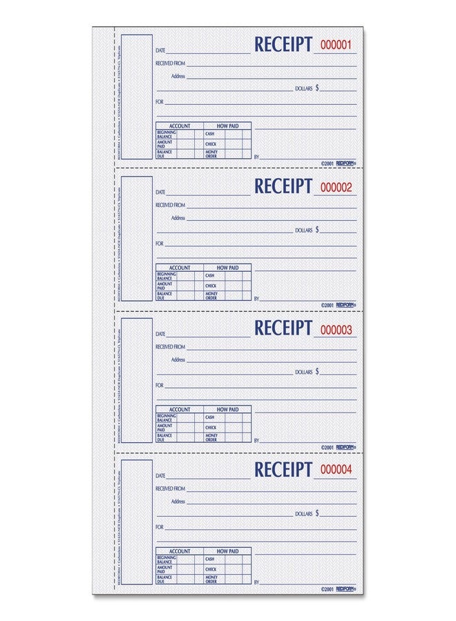 Blueline Rediform Money Receipt Book, Hardbound, 2 x 6.875 inches, 4 per Page, 200 Triplicates (S1657NCL)