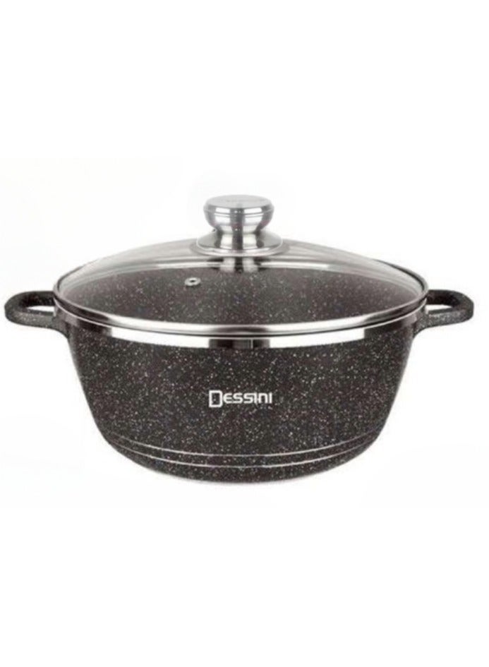 DESSINI Non Stick Ceramic Coated Cooking Pot With Glass Lid Black 28cm 