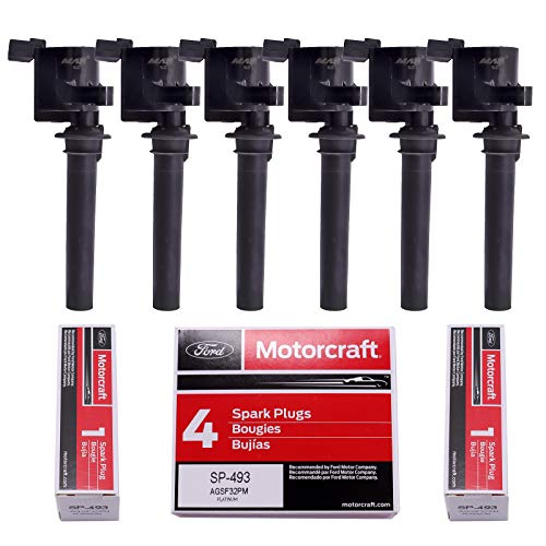 MAS Motorcraft Set of 6 Spark Plugs SP493 AGSF32PM Platinum & MAS Ignition Coils Pack Compatible with Ford Escape Taurus Mzda Tribute Mercury Montego Sable Replacement for DG513 DG500 FD502 - Image 1