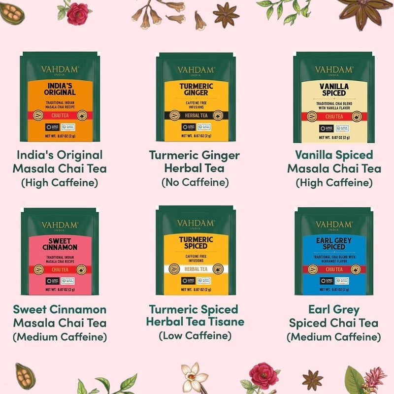 Vahdam فهدام، مجموعة متنوعة من شاي تشاي (6 نكهات لذيذة، 36 كيس شاي هرمية صديقة للبيئة) | هدية راخي مميزة للأخ والأخت | مجموعات هدايا شاي تشاي متنوعة، هدية راخي للأخت - Image 2