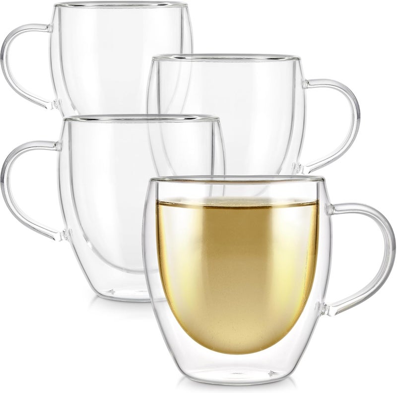 Ash  Roh Ash & Roh 250ml Heat Resistant Double Walled Glass Coffee Cups, Crystal Clear Insulated Mugs with Handle for Tea, Latte, Cappuccino (Pack of 4) - Image 1