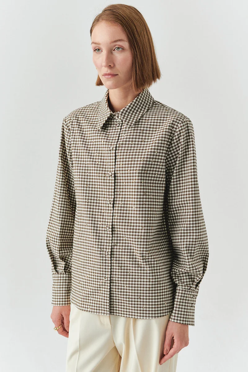 Exquise Long-Sleeved Regular Plaid Cream Mink Shirt with Stone Details
