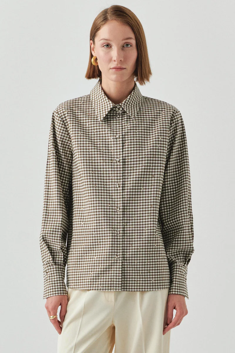 Exquise Long-Sleeved Regular Plaid Cream Mink Shirt with Stone Details
