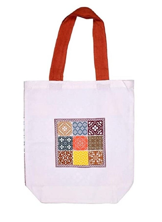 Doodle Doodle Girl's Turkish Tile White Canvas Handbag for Women | Tote Bags for Grocery, Shopping, Travel, Beach | Shoulder Bag for Women I Eco-Friendly and Reusable 