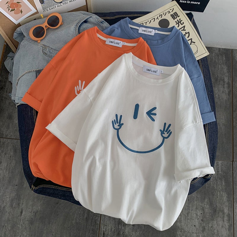 2025 Summer Korean Style Fresh Smile Expression Printed Short Sleeve T-Shirt Couple Hong Kong Style Half Sleeve T-Shirt Student - Image 3