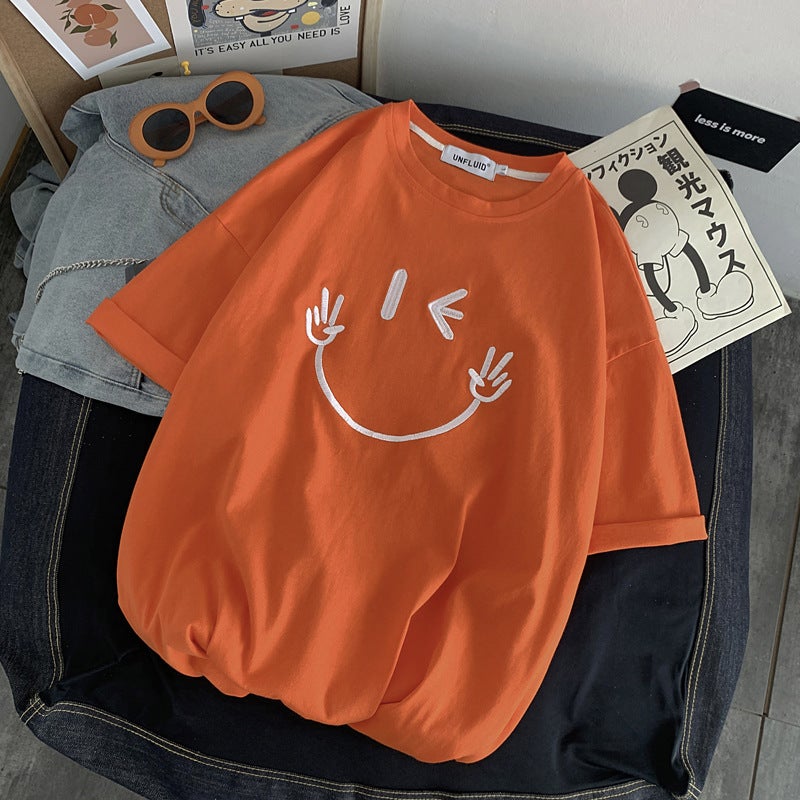 2025 Summer Korean Style Fresh Smile Expression Printed Short Sleeve T-Shirt Couple Hong Kong Style Half Sleeve T-Shirt Student - Image 1