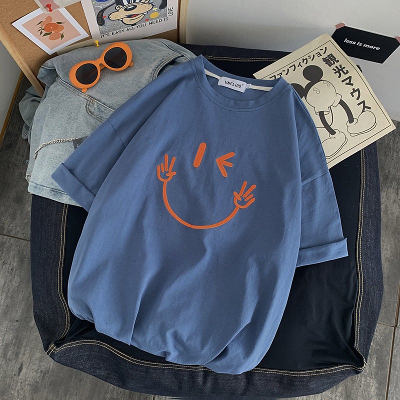 2025 Summer Korean Style Fresh Smile Expression Printed Short Sleeve T-Shirt Couple Hong Kong Style Half Sleeve T-Shirt Student - Image 5