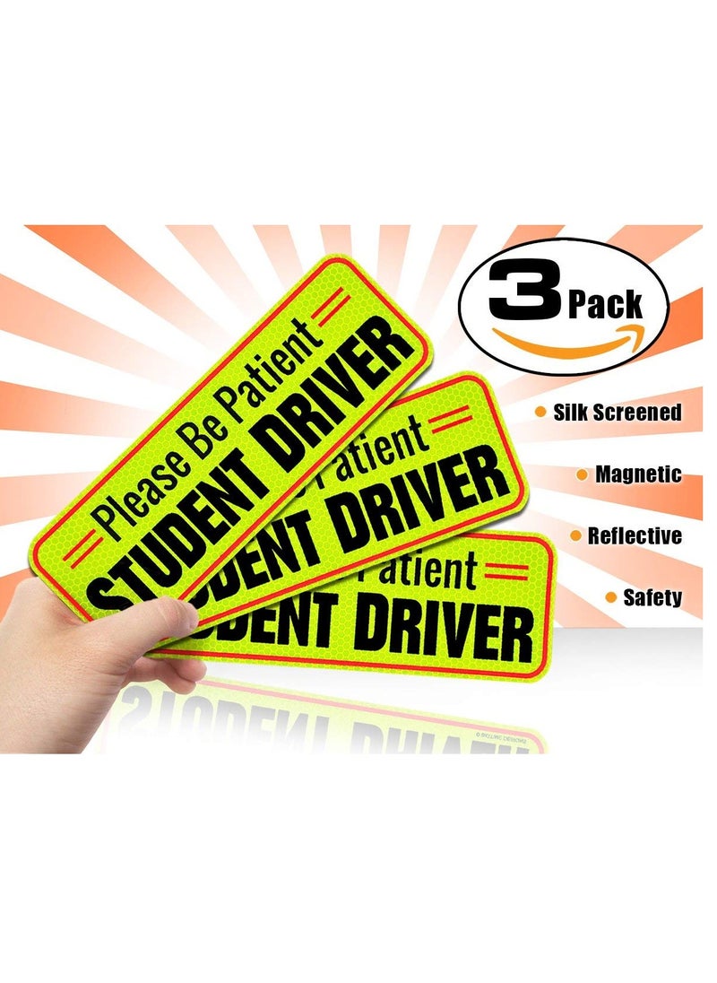 Excefore - Student Driver Magnet, Honeycomb Reflective Please Be Patient New Driver Magnet for Car, Rookie Novice Driver Magnetic Safety Sign, Teen Beginner Driver Vehicle Bumper Sticker, 3 Pack - Image 1
