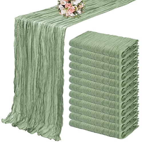 12 Pack Cheesecloth Table Runner 35 x 120 inch Long Boho Cheese Cloth Gauze Table Runners Semi Sheer Table Runner for Wedding Decor Bridal Shower Birthday Party Sage Green