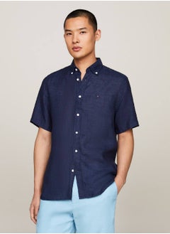 TOMMY HILFIGER Men's Short Sleeve Regular Fit Linen Shirt -  Pure linen, Blue  - Image 1