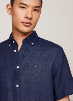TOMMY HILFIGER Men's Short Sleeve Regular Fit Linen Shirt -  Pure linen, Blue  - Image 5