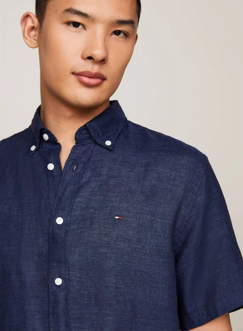 TOMMY HILFIGER Men's Short Sleeve Regular Fit Linen Shirt -  Pure linen, Blue