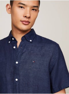 TOMMY HILFIGER Men's Short Sleeve Regular Fit Linen Shirt -  Pure linen, Blue  - Image 3