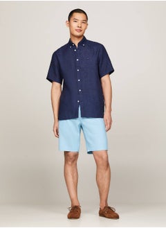 TOMMY HILFIGER Men's Short Sleeve Regular Fit Linen Shirt -  Pure linen, Blue  - Image 4
