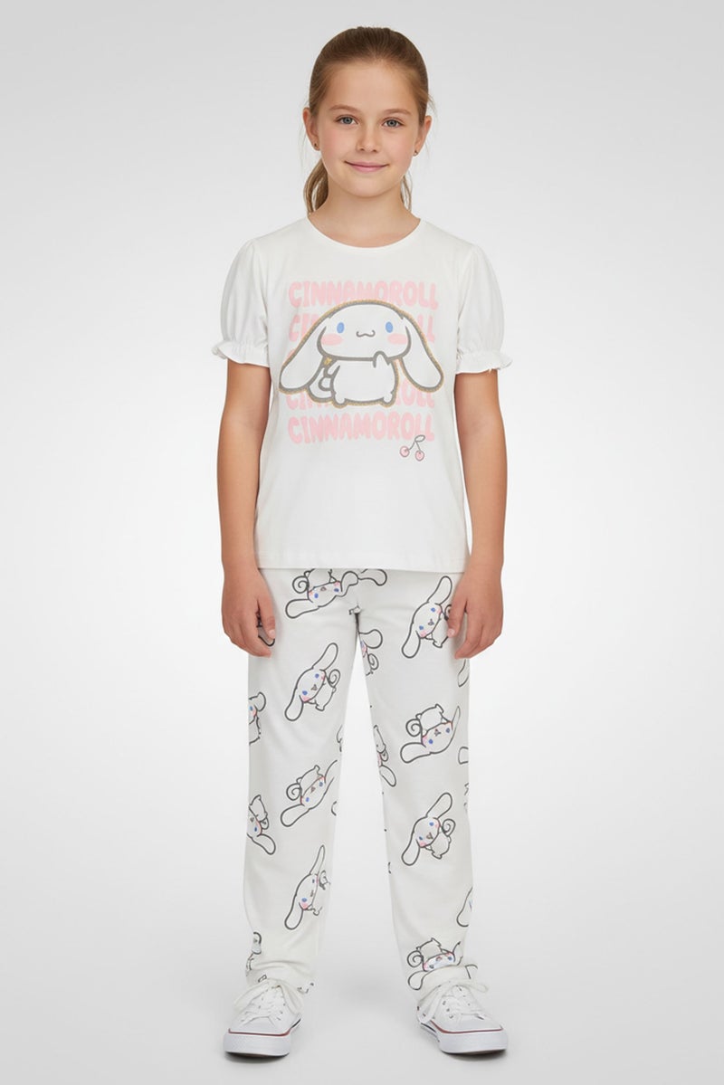 Cinnamoroll Kids Girl 2 Pieces Graphic Print Short Sleeve Top With Bottom Set, White - Image 1