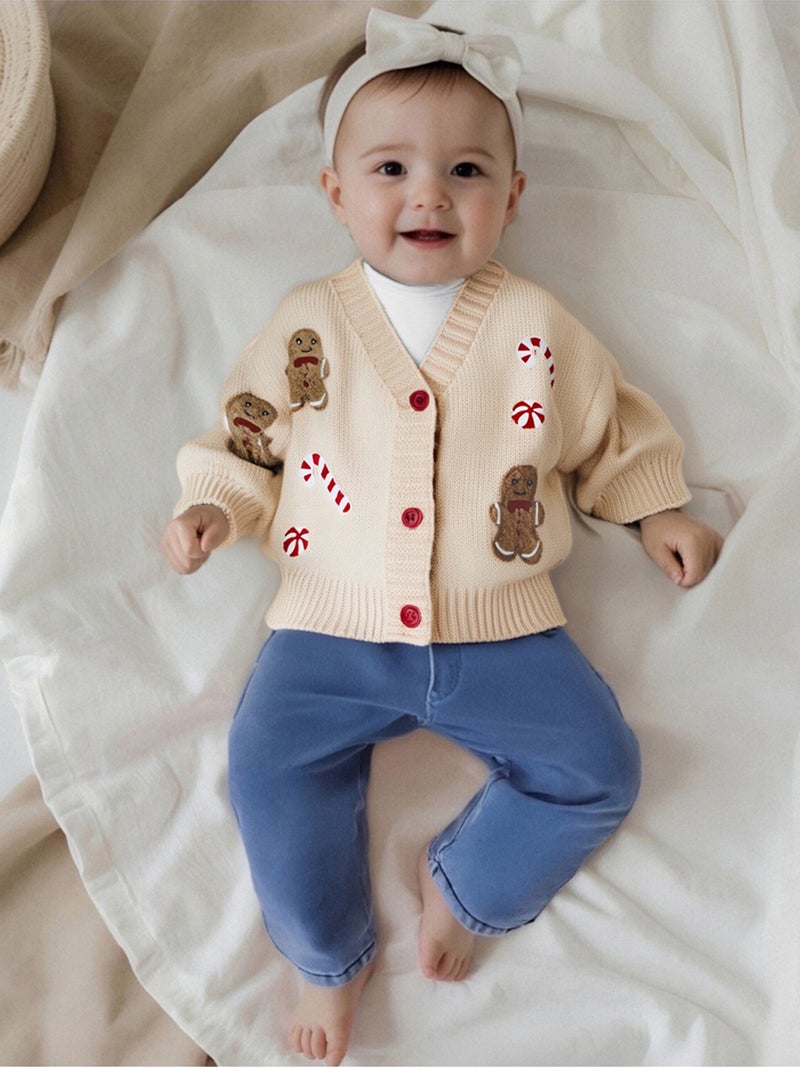 Baby Girl Christmas Cardigan Santa V Neck Long Lantern Sleeve Button-up Knitted Sweater Cute Winter Fall Clothes - Image 1