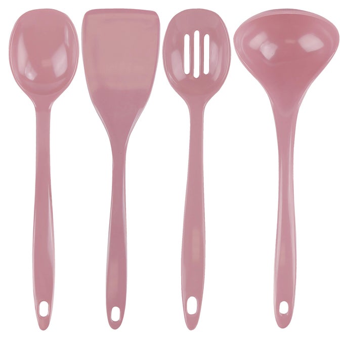 100 MELAMINE KITCHEN UTENSIL SET NON SCRATCHING LADLE SPOON SLOTTED SPOON SPATULA EASY TO HOLD SET OF 4 PINK